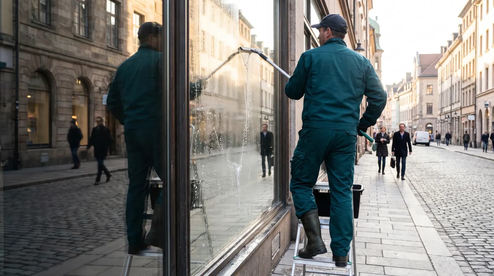 Glasreiniger zieht mit dem Abzieher eine streifenfreie Bahn über eine Schaufensterscheibe