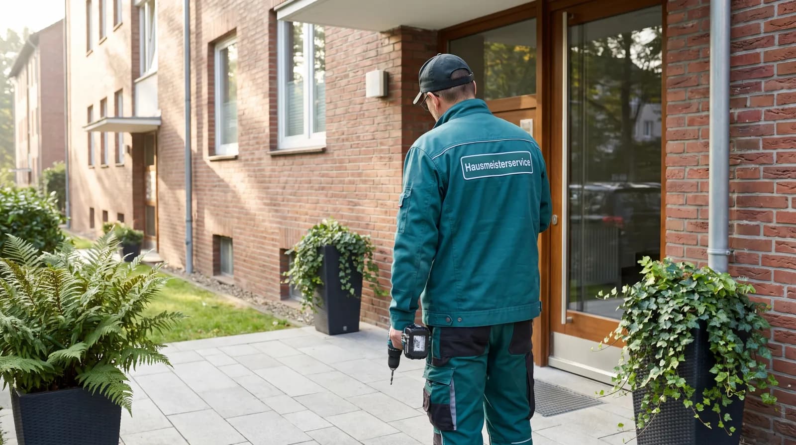 Hausmeister kontrolliert den gepflegten Eingangsbereich eines Wohnhauses